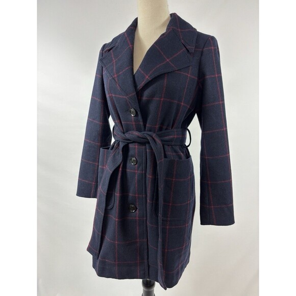 Banana Republic Melton Wool Coat Navy Blue Red Windowpane Plaid Petite XS XSP - Picture 11 of 11